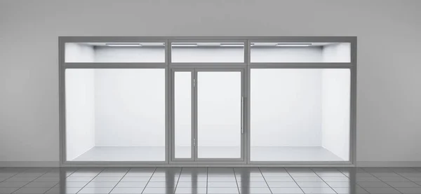 Dükkanın önünde boş bir dükkan ya da cam kapılı ve pencereli bir ofis. Şovla, fayanslarla, gri duvarlarla, alışveriş merkezindeki ya da pazardaki odayla iç cephe oluşturmanın gerçekçi bir modeli.