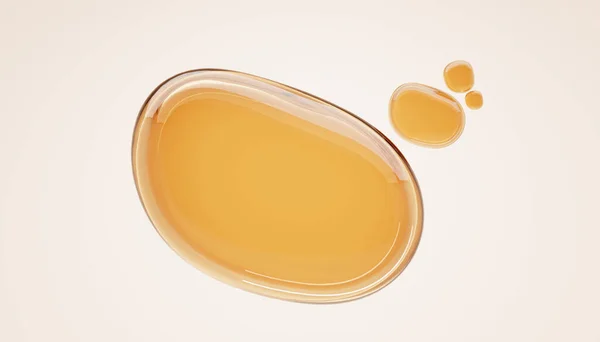 Noda emas minyak, tetesan serum atau madu di latar belakang krem. Bubbles collagen esensi, realistis mockup cairan kuning tetes kosmetik atau makanan minyak, top view on clear golden puddles water, 3d render — Stok Foto