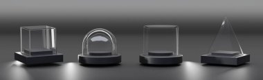 Cam küp kutusu, piramit, silindir, küre ya da kubbe siyah arka planda izole edilmiş. Plastik podyumda sergilenmek üzere pleksiglas ya da akrilik boş vitrinler. Gerçekçi 3d kümesi