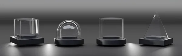 Glass cube box, pyramid, cylinder, sphere or dome on black stand isolated on dark background. Mockup empty clear showcases of plexiglass or acrylic for display on plastic podium. Realistic 3d set