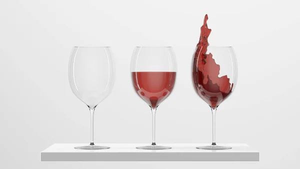 Weingläser mit roter Flüssigkeit auf dem Podium. Leer, voll, mit Spritzern und Tropfen Kristallglasattrappe, klare Tassen mit Alkoholgetränk isoliert auf weißem Hintergrund. Realistische Illustration, 3D-Darstellung — Stockfoto