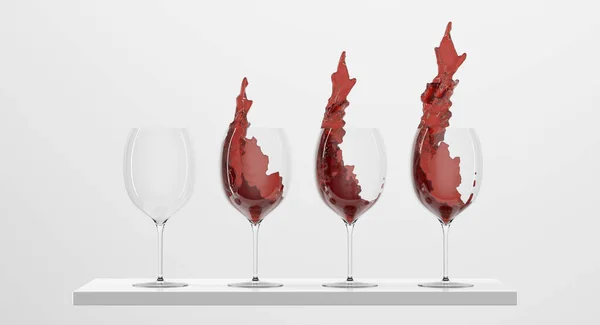 Weingläser mit roter Flüssigkeit auf dem Podium. Leer, voll mit Spritzern und Tröpfchen Kristallgläser, Attrappen klare Tassen mit Alkoholgetränk isoliert auf weißem Hintergrund. Realistische Illustration, 3D-Darstellung — Stockfoto