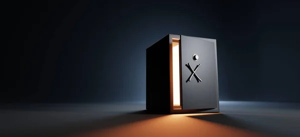 Siyah banka kasası açık çelik kapılı ve altın ışıklı, perspektif manzaralı. Boş karanlık odada para depolamak için metal dikdörtgen kutu. Kilitli ve saplı gerçekçi illüstrasyon kasası, 3 boyutlu görüntüleme