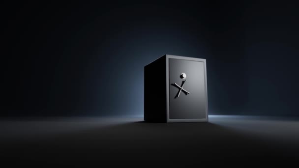 Черный банковский сейф с открывающейся стальной дверью и золотым светом внутри, перспективный вид. Металлическая прямоугольная коробка для хранения денег в пустой темной комнате. Хранилище с замком и ручкой. Реалистичная анимация 3D рендеринг — стоковое видео