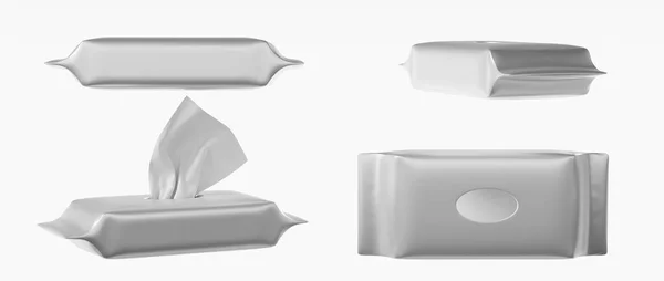 Islak mendilli kese, izole edilmiş plastik boş paket, ön, üst ve açı görüşü. Antibakteriyel tek kullanımlık peçeteler, yüz dokuları, hijyen bakımı, 3D işlemeli gerçekçi beyaz çanta.