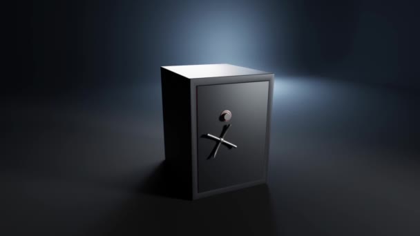 Black bank safe with opening steel door and golden light inside, perspective view. Metal rectangular box for money storage in empty dark room. Vault with lock and handle. Realistic animation 3d render — Stock Video