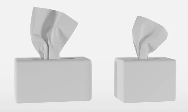 Kağıt peçeteli kutular, beyaz plastik paketler, açı görüşü. Beyaz arka planda izole edilmiş mendil ya da yüz dokuları içeren gerçekçi, dikdörtgen bir kutu.
