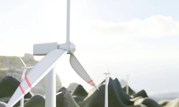 Berglandschaft mit Windrädern und blauem Himmel in Nahaufnahme, Blickwinkel. Nachhaltige Energiequellen, grüne Energie der Zukunft. Realistische Darstellung von Windmühlen mit weiß-roten Fahnen, 3D-Darstellung — Stockfoto