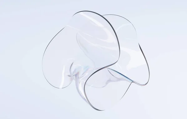 Abstract glass figure twisted round shape. Holographic clear sculpture in curve wavy smooth forms, acrylic or plastic composition, transparent glossy object isolated on blue background, 3d render — Stock Photo, Image