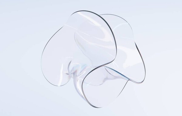 Abstract glass figure twisted round shape. Holographic clear sculpture in curve wavy smooth forms, acrylic or plastic composition, transparent glossy object isolated on blue background, 3d render — Stock Photo, Image