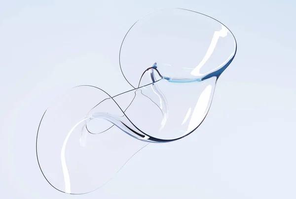 Soyut cam geometrik şekil bükülmüş. Eğri dalgalı düz formlarda holografik heykel, kristal veya akrilik bileşim, mavi arkaplanda izole edilmiş temiz sıvı kromatik nesne, 3D görüntüleme.
