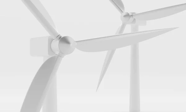 Windenergieanlagen Nahaufnahme Blickwinkel. Windmühlen mit langen Schaufeln isoliert auf weißem Hintergrund. Stromerzeugung, erneuerbare Stromerzeugung, Ökoenergiekonzept. Realistische Illustration, 3D-Darstellung — Stockfoto