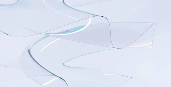 Holografik şeffaf yanardöner kurdeleli soyut geometrik arkaplan. Cam, plastik veya akrilik kıvrımlı şekiller. Pankart ya da kapak tasarımı için yumuşak elastik gradyan biçimleri, 3d render