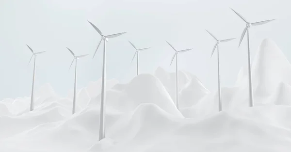 Pemandangan futuristik dengan turbin angin, bukit bersalju dan langit biru. Pembangkit listrik terbarukan alternatif, konsep energi hijau. Ilustrasi kincir angin realistis 3d dengan perak vanes — Stok Foto