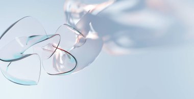 Soyut figür dağılımı ya da kristal cam çarpık şekil, su yüzeyine düşüyor. Holografik şeffaf 3D nesne eğri dalgalı formlarda, yakıcı etki, yanardöner güneş ışığı su altında