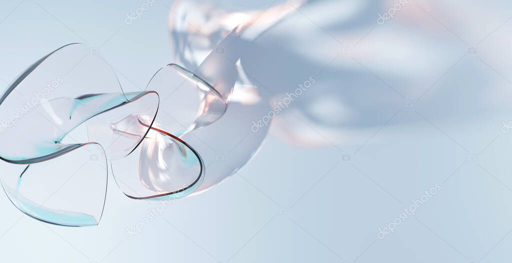 Abstract figure dispersion or crystal glass twisted shape, falling in water surface. Holographic transparent 3d object in curve wavy forms, caustic effect, iridescent reflection sunlight underwater