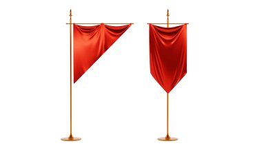 Kırmızı flamalı bayraklar, boş dikey pankartlar altın bayrak direğinde asılı, 3D çizim. Ortaçağ tekstil flamaları, beyaz arka planda izole edilmiş altın stantlar üzerinde farklı şekiller, gerçekçi illüstrasyonlar