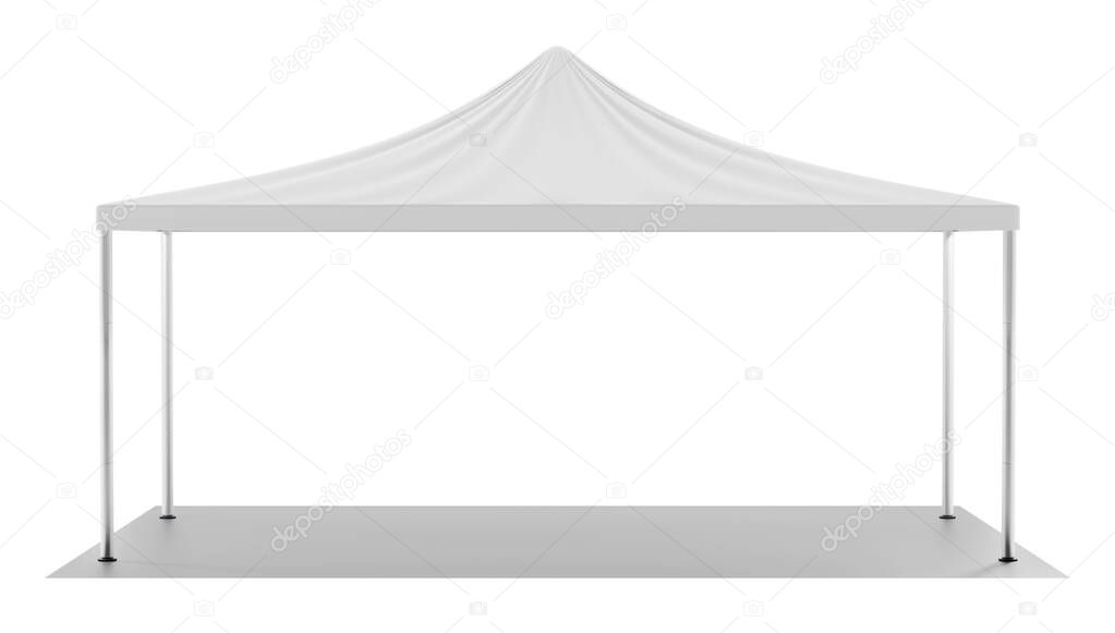 White folding tent, big rectangular awning with floor covering for trade or exhibition outdoor. Realistic 3d mockup of blank marquee for festival or party event in garden isolated on white background