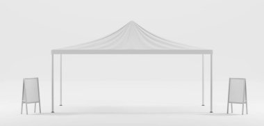 Festival sokağı, pazarlama sergisi ya da açık hava 3D sunumu için sandviç tahtası olan beyaz katlama çadırı. Boş kaldırım reklamlı gerçekçi model tente beyaz arka planda izole edilmiş duruyor.