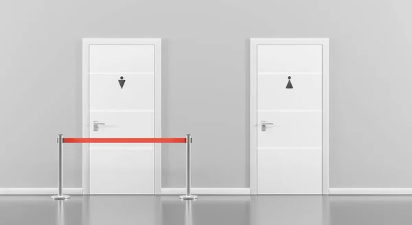 Koridorda metal bariyer ve kırmızı çitli kadın ve erkekler için umumi tuvalet kapıları. Erkekler için WC odasında kapalı girişi olan gerçekçi iç mekan, bina, otel ya da alışveriş merkezi, 3D.