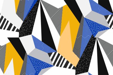 Çeşitli dokulu geometrik şekillere sahip yaratıcı geometrik arkaplan. Memphis tarzında kusursuz soyut baskı. Kolaj. Parmak izleri, posterler, kartlar, tekstil vs. için parlak minimalist tasarım. Vektör.