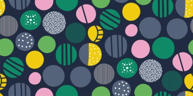 Dokulu daireleri olan parlak geometrik desen. Renkli pop sanat geçmişi. Moda Memphis tarzında soyut baskı. Kusursuz bir doku. Kumaşlar, duvar kağıtları ve iç mekan için yaratıcı grafik vektör tasarımı