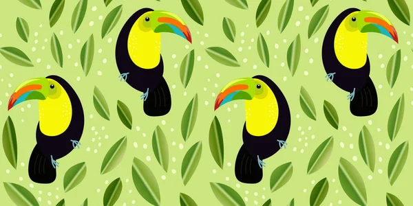 Taze Yeşil Arka Planda Tropik Pürüzsüz Tukanlar Yapraklar Cennet Kuşları — Stok Vektör