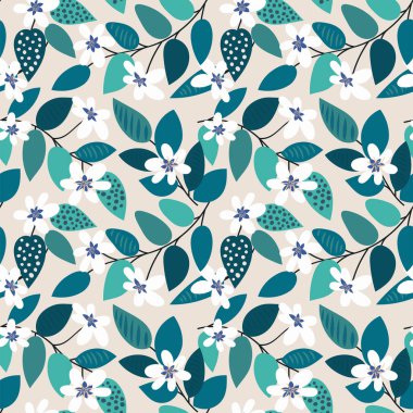 Çiçeksiz vektör deseni. Güzel beyaz çiçekler ve zümrüt yeşili yapraklar. Çiçekli elma dalları, kiraz, şeftali. Bahar, yaz botanik baskısı, tekstil, duvar kağıdı