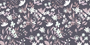 Kusursuz desen. Zarif bir renk palet pembesi ve gümüş renginde vektör çiçek izi. Çiçek dalları, çimen yaprakları, çayır bitkileri. Klasik romantik bir geçmişi var. Vektör illüstrasyonu.