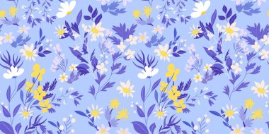 Limon sarısı çiçekleri, orman otları ve açık mavi-mor arkaplanda yaprakları olan güzel, pürüzsüz desenli bir desen. Vahşi çiçekler, parmak izleri, kumaşlar, duvar kağıtları için mükemmel bir şablon.