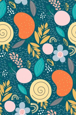 Karalama el çizimi tarzında yaratıcı, kusursuz, soyut desen. Çeşitli geometrik şekiller, turkuaz arka planda parlak renkli dokular. Vektör çizimi. Çağdaş sanatsal baskı.