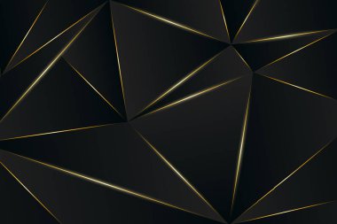 Moda minimalist tarzda siyah premium poligon arka planı. Gerçekçi gölgelerle dekore edilmiş düz bir yüzeye düşük polyester süsleme. Altın çizgileri olan geometrik üçgen dokular.