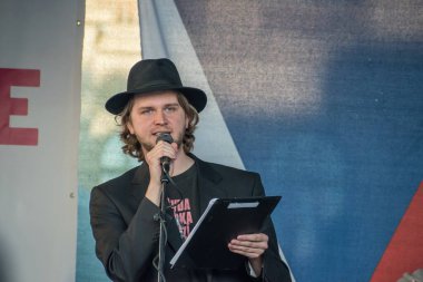 PRAGUE - MAY 20, 2021 :  Protest of five thousand on Wenceslas Square. Captured Benjamin Roll