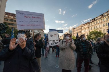 PRAGUE - MAY 20, 2021 :  Protest of five thousand on Wenceslas Square. People called for the prosecution of the president Zeman for treason and resignation of M. Benesova, Minister of Justice.
