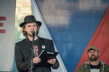 PRAGUE - MAY 20, 2021 :  Protest of five thousand on Wenceslas Square. Captured Benjamin Roll