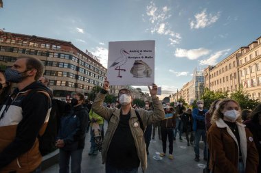 PRAGUE - MAY 20, 2021 :  Protest of five thousand on Wenceslas Square. People called for the prosecution of the president Zeman for treason and resignation of M. Benesova, Minister of Justice.