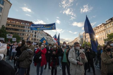 PRAGUE - MAY 20, 2021 :  Protest of five thousand on Wenceslas Square. People called for the prosecution of the president Zeman for treason and resignation of M. Benesova, Minister of Justice.