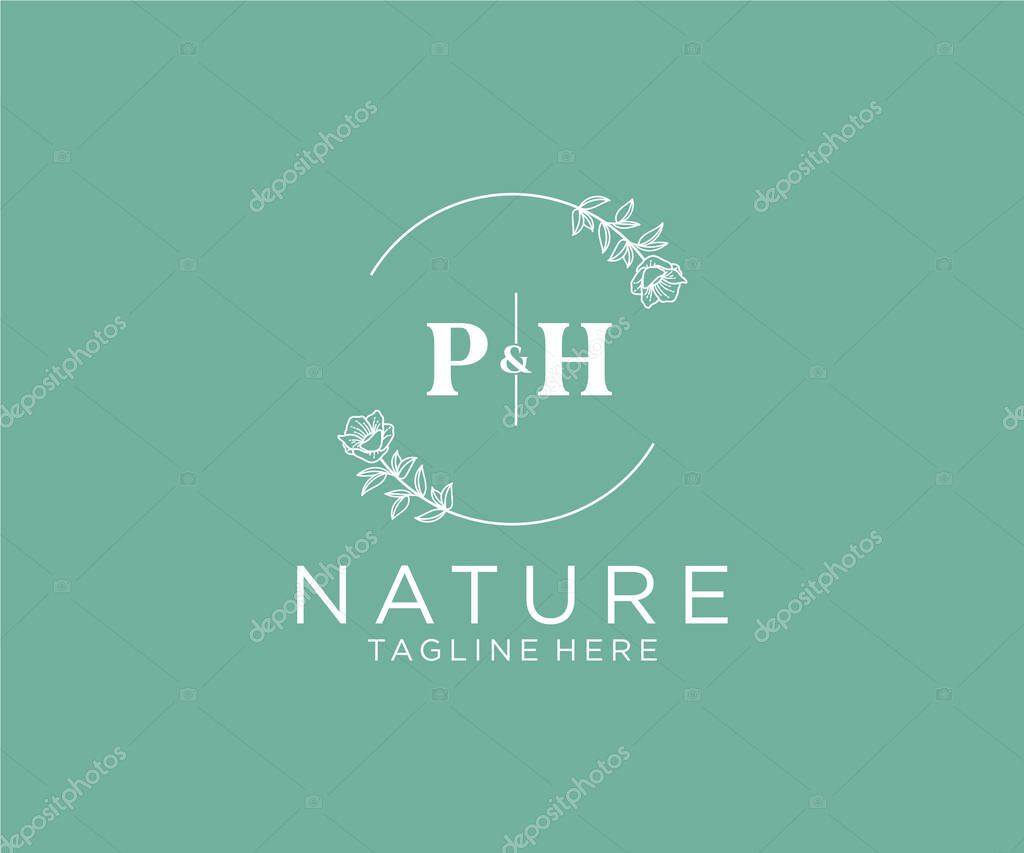 PH letters Botanical feminine logo template floral, editable premade monoline logo suitable, Luxury feminine wedding branding, corporate.