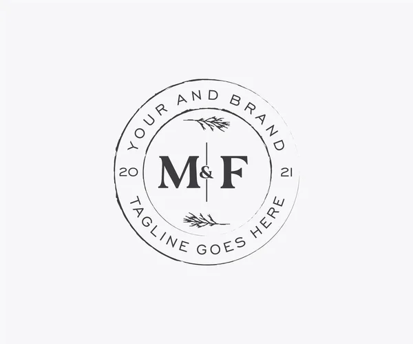 Mf文字のフラワーフレーム 植物女性編集可能なPremadeモノラインユニークな装飾用グリーティングカード 結婚式の招待状 — ストックベクタ