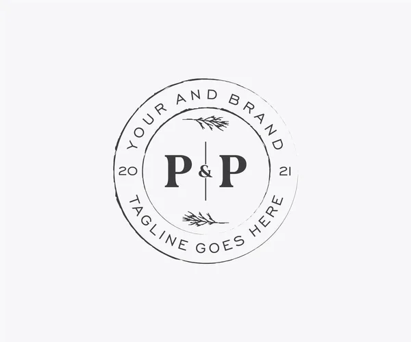 Ppの文字の花のフレーム 植物女性編集可能なPremadeモノラインユニークな装飾用グリーティングカード 結婚式の招待状 — ストックベクタ