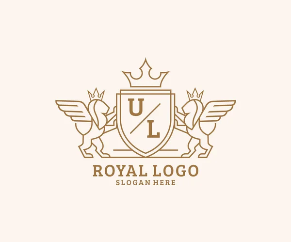 Carta Leão Real Luxo Heráldico Crest Logo Template Vector Art — Vetor de Stock