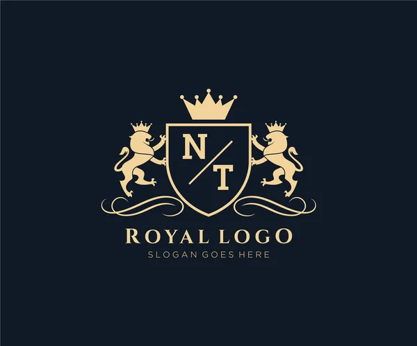 Levél Lion Royal Luxury Heraldic Crest Logo Sablon Vektorművészet Étterem — Stock Vector