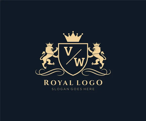 Leão Leão Real Luxo Heráldico Crest Logo Template Vector Art — Vetor de Stock
