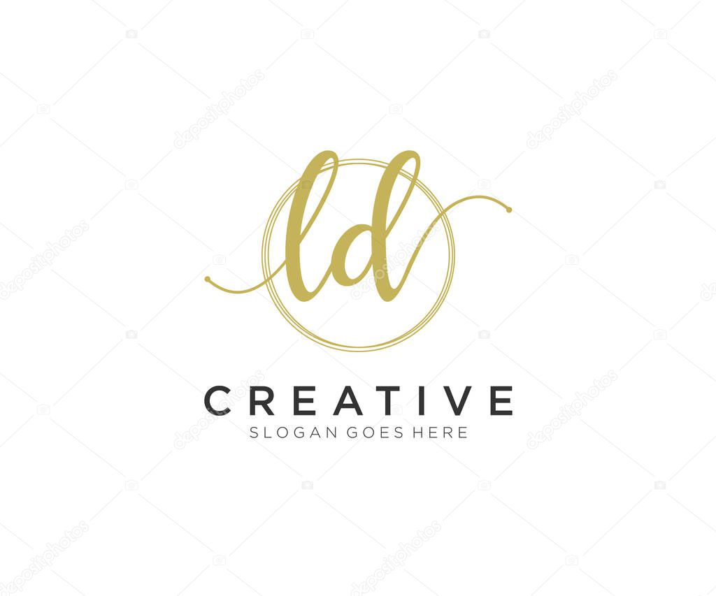 LD Feminine logo beauty monogram and elegant logo design, handwriting logo of initial signature, wedding, fashion, floral and botanical with creative template.