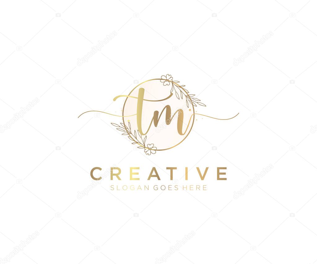 TM Feminine logo beauty monogram and elegant logo design, handwriting logo of initial signature, wedding, fashion, floral and botanical with creative template.