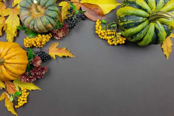 Autumn background flat lay. Pumpkins and fallen leaves on dark background. Halloween or Thanksgiving day. Top view. Copy Space.