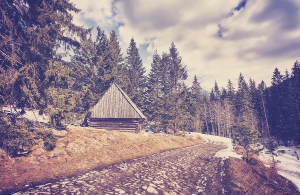 Cabaña de madera vintage tonificada por carretera empedrada en las montañas de Tatra . —  Fotos de Stock