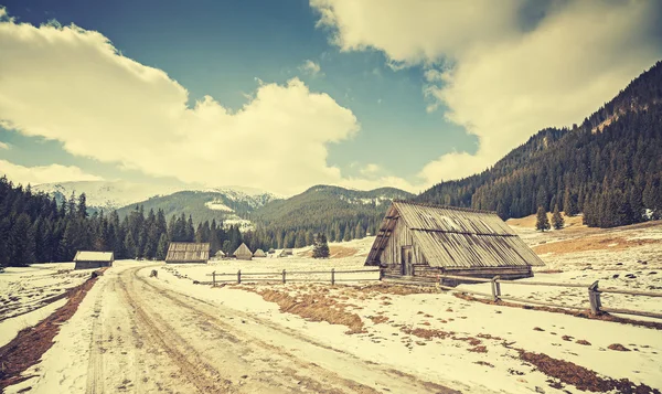 Cabaña de madera vintage tonificada por un camino en las montañas de Tatra . —  Fotos de Stock