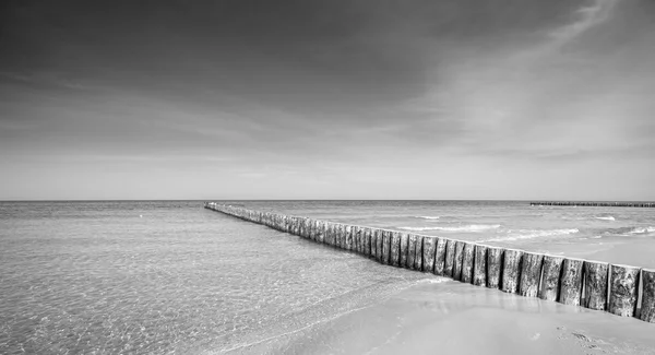 Foto in bianco e nero di un frangiflutti in legno su una spiaggia . — Foto Stock