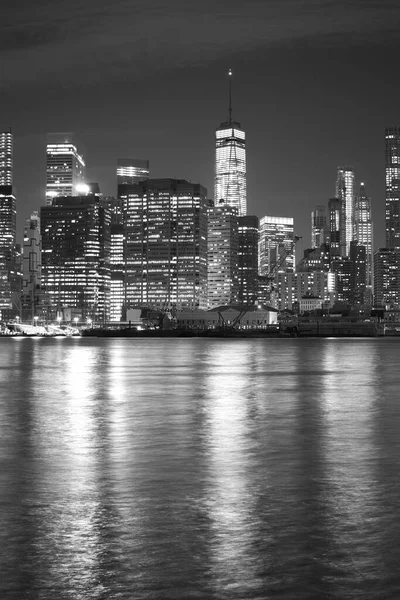 Fekete Fehér Kép New York Városképéről Éjszaka Usa — Stock Fotó